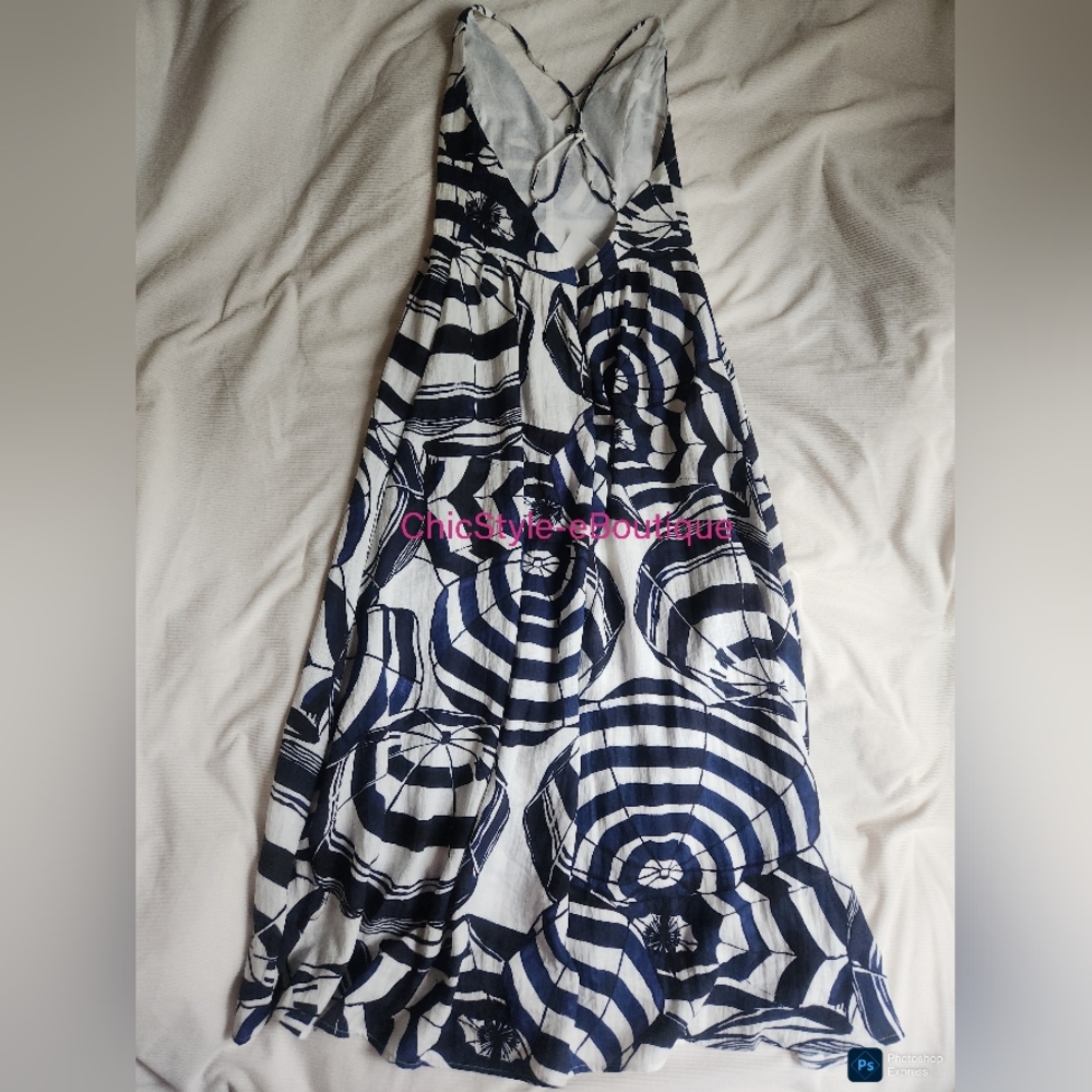 STORE CLOSING! H&M Long Strappy Dress White/navy Blue Patterned Fitted Bodice N - Picture 11 of 14